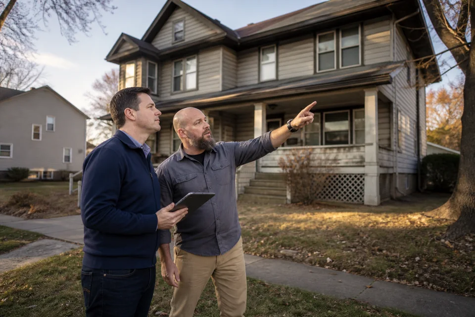 Investor and contractor evaluating a duplex acquisition
