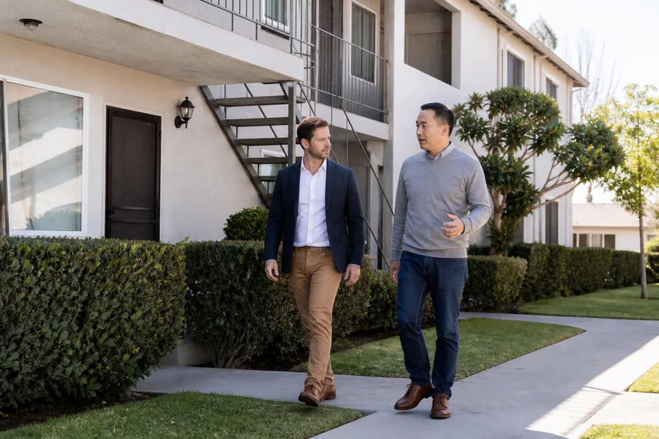 Investor touring a small multifamily rental property