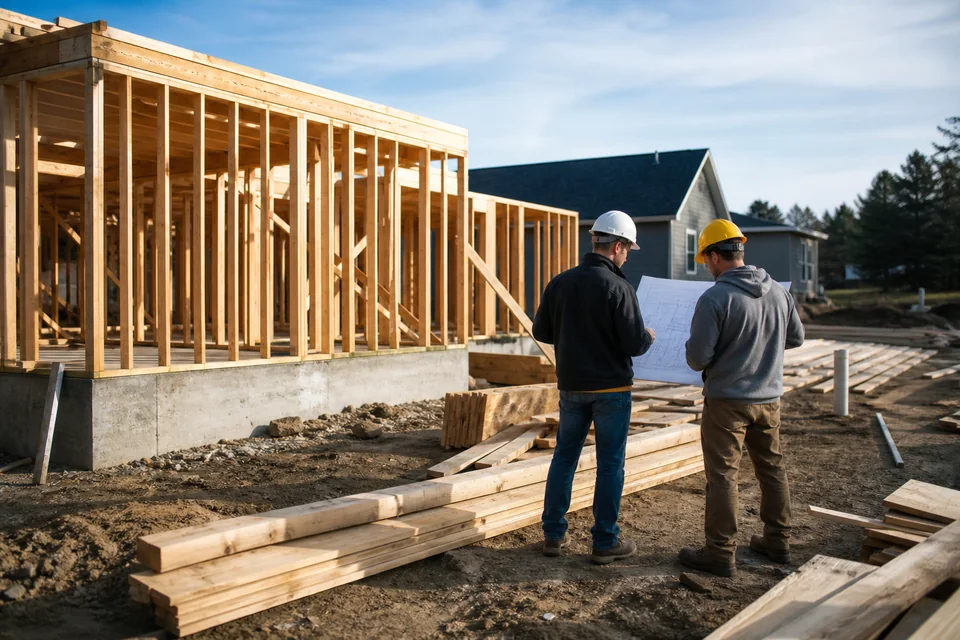 Ground-up residential construction project with framing underway
