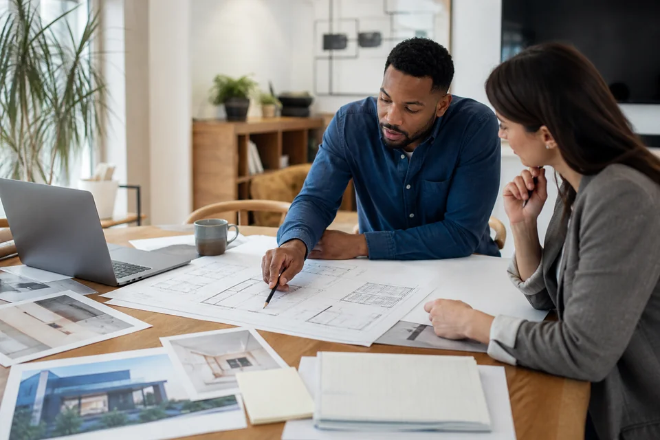 Real estate professionals reviewing property plans and a project budget