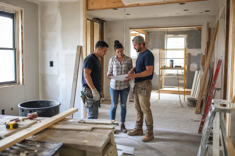 Residential renovation team reviewing project plans